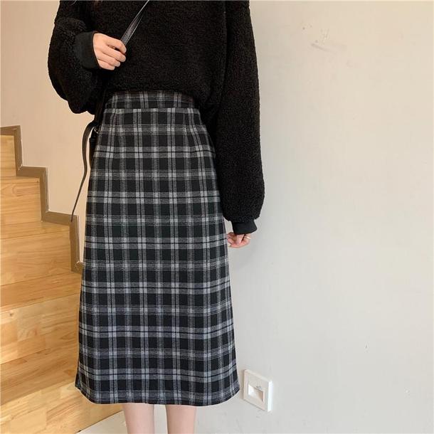 レトロチェックハイウエストミディスカート 6521-black_即納6521-画像7-韓国ファッション通販POPREA［ポップリア］