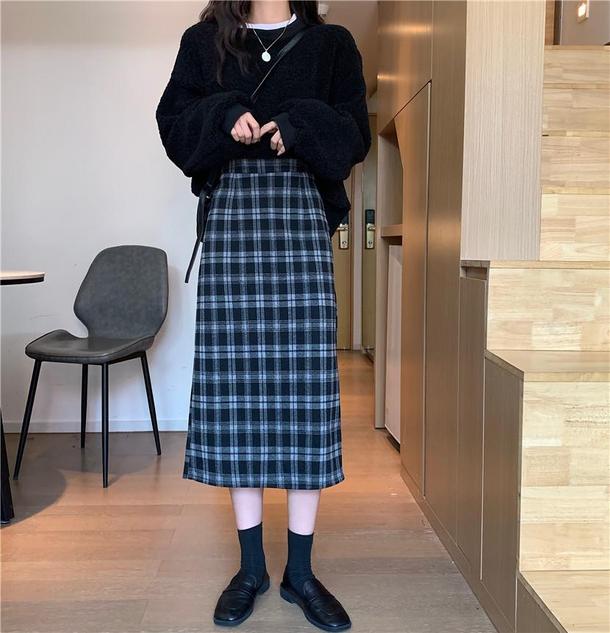 レトロチェックハイウエストミディスカート 6521-black_即納6521-画像9-韓国ファッション通販POPREA［ポップリア］