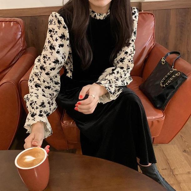 フェイクフラワーブラウス＆ブラックドレス 6626-black_即納6626-画像12-韓国ファッション通販POPREA［ポップリア］