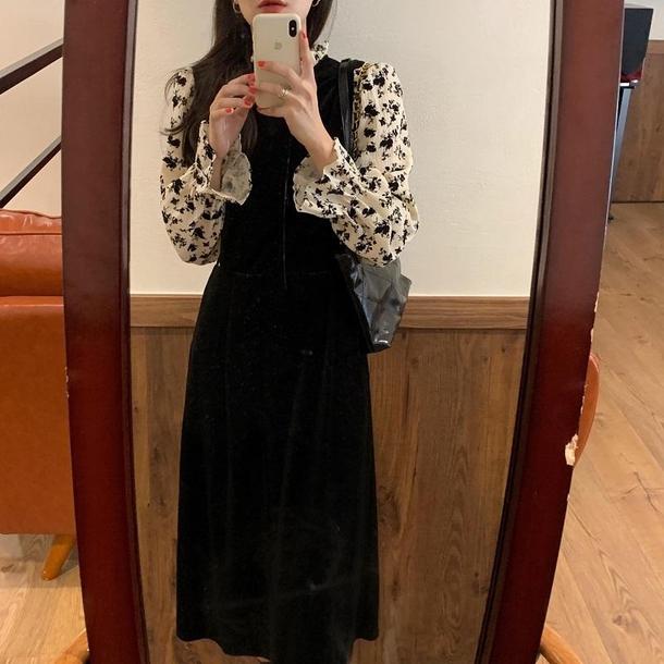 フェイクフラワーブラウス＆ブラックドレス 6626-black_即納6626-画像14-韓国ファッション通販POPREA［ポップリア］