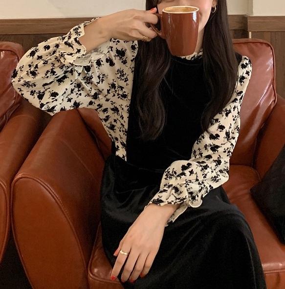 フェイクフラワーブラウス＆ブラックドレス 6626-black_即納6626-画像15-韓国ファッション通販POPREA［ポップリア］