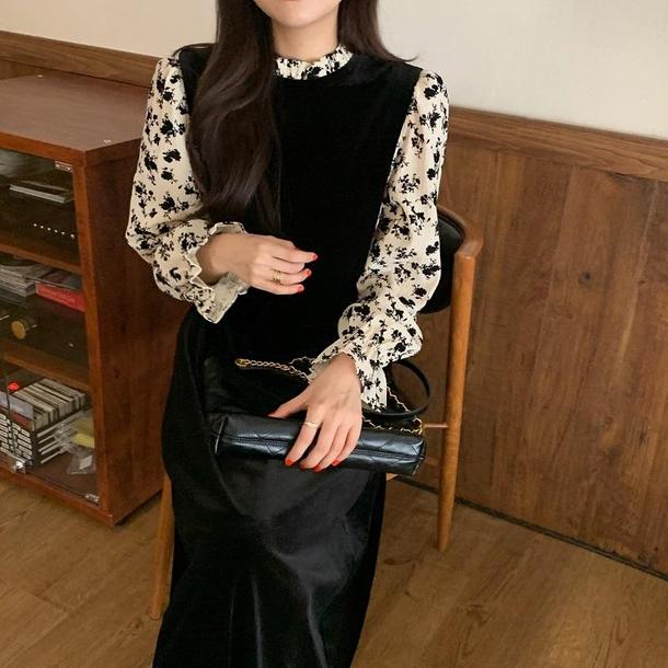 フェイクフラワーブラウス＆ブラックドレス 6626-black_即納6626-画像16-韓国ファッション通販POPREA［ポップリア］