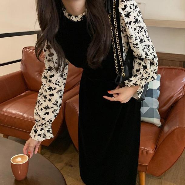 フェイクフラワーブラウス＆ブラックドレス 6626-black_即納6626-画像17-韓国ファッション通販POPREA［ポップリア］