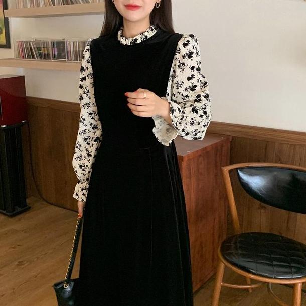 フェイクフラワーブラウス＆ブラックドレス 6626-black_即納6626-画像2-韓国ファッション通販POPREA［ポップリア］