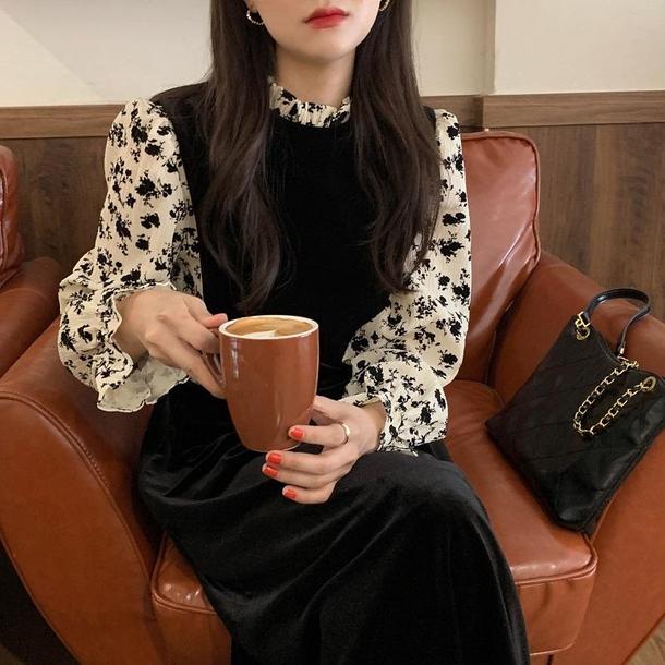 フェイクフラワーブラウス＆ブラックドレス 6626-black_即納6626-画像4-韓国ファッション通販POPREA［ポップリア］