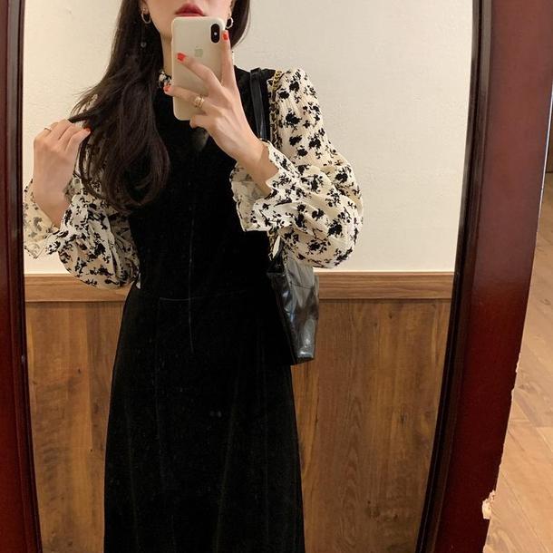 フェイクフラワーブラウス＆ブラックドレス 6626-black_即納6626-画像6-韓国ファッション通販POPREA［ポップリア］