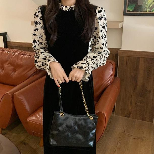 フェイクフラワーブラウス＆ブラックドレス 6626-black_即納6626-画像7-韓国ファッション通販POPREA［ポップリア］