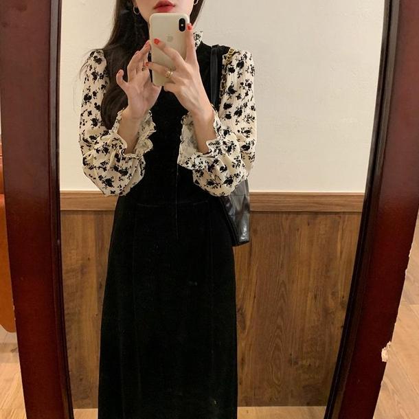 フェイクフラワーブラウス＆ブラックドレス 6626-black_即納6626-画像8-韓国ファッション通販POPREA［ポップリア］