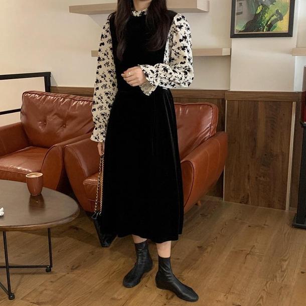 フェイクフラワーブラウス＆ブラックドレス 6626-black_即納6626-画像9-韓国ファッション通販POPREA［ポップリア］