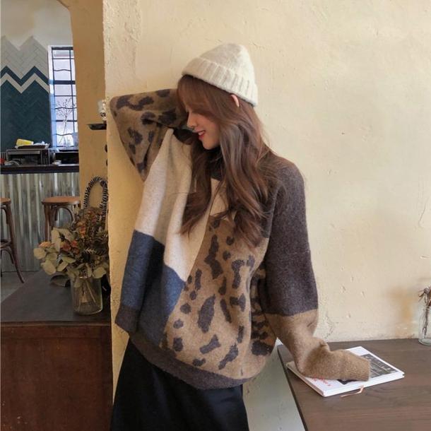 ポイントヒョウ柄デザインニット 6538-brown_即納6538-画像4-韓国ファッション通販POPREA［ポップリア］