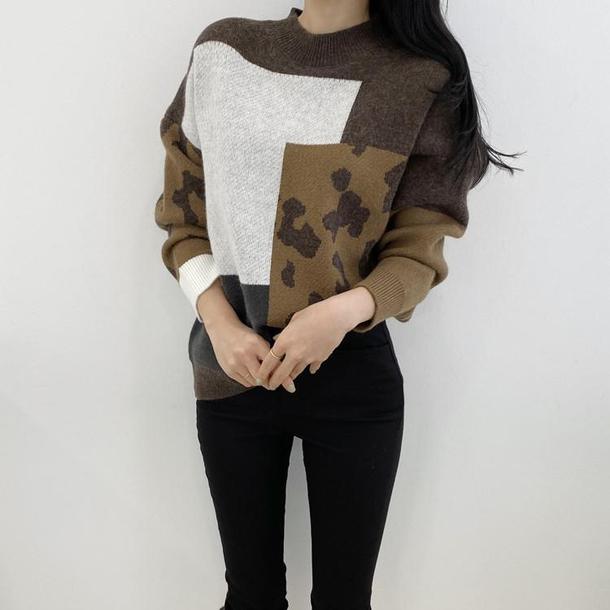 ポイントヒョウ柄デザインニット 6538-brown_即納6538-画像5-韓国ファッション通販POPREA［ポップリア］