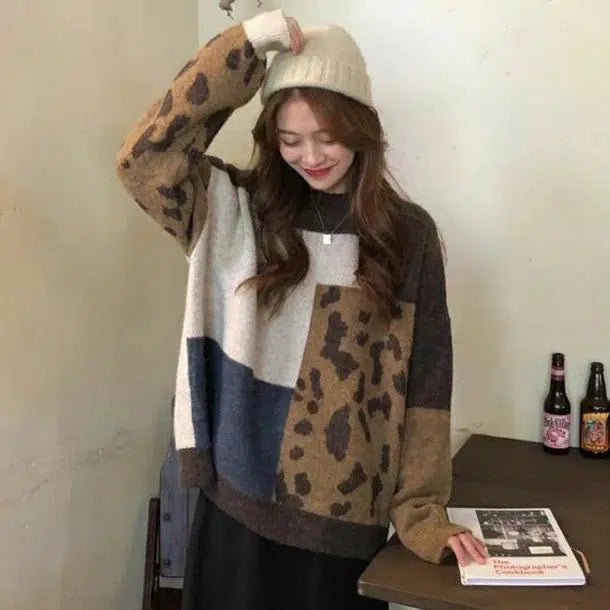 ポイントヒョウ柄デザインニット 6538-brown_即納6538-画像6-韓国ファッション通販POPREA［ポップリア］