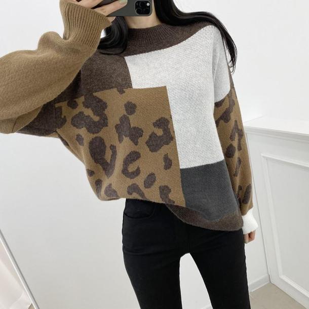 ポイントヒョウ柄デザインニット 6538-brown_即納6538-画像7-韓国ファッション通販POPREA［ポップリア］