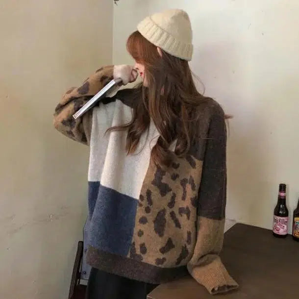 ポイントヒョウ柄デザインニット 6538-brown_即納6538-画像8-韓国ファッション通販POPREA［ポップリア］