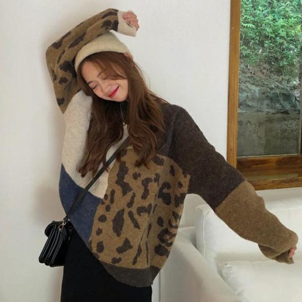 ポイントヒョウ柄デザインニット 6538-brown_即納6538-画像9-韓国ファッション通販POPREA［ポップリア］