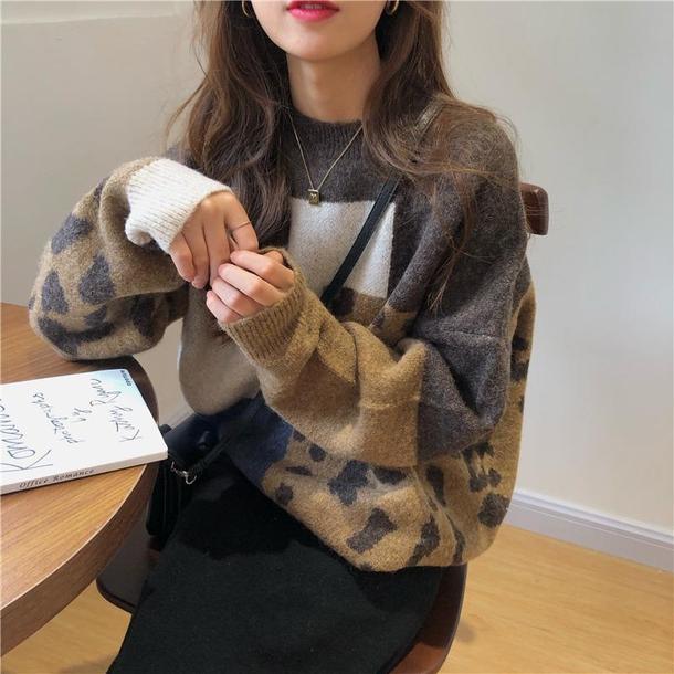 ポイントヒョウ柄デザインニット 6538-brown_即納6538-画像1-韓国ファッション通販POPREA［ポップリア］