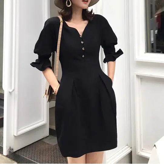 Vネックチューリップワンピース 6696-black_即納6696-画像2-韓国ファッション通販POPREA［ポップリア］
