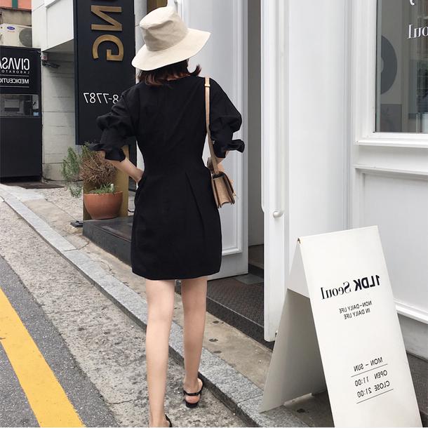 Vネックチューリップワンピース 6696-black_即納6696-画像3-韓国ファッション通販POPREA［ポップリア］