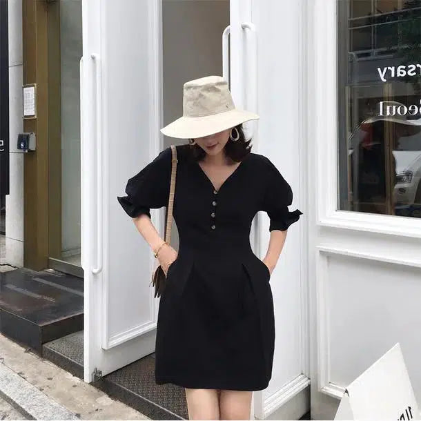 Vネックチューリップワンピース 6696-black_即納6696-画像4-韓国ファッション通販POPREA［ポップリア］