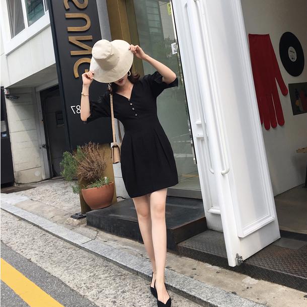 Vネックチューリップワンピース 6696-black_即納6696-画像5-韓国ファッション通販POPREA［ポップリア］