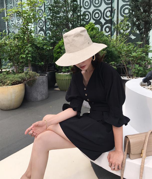 Vネックチューリップワンピース 6696-black_即納6696-画像6-韓国ファッション通販POPREA［ポップリア］