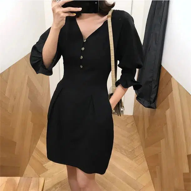 Vネックチューリップワンピース 6696-black_即納6696-画像7-韓国ファッション通販POPREA［ポップリア］