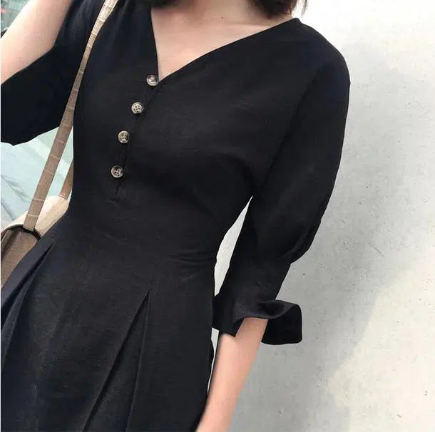 Vネックチューリップワンピース 6696-black_即納6696-画像8-韓国ファッション通販POPREA［ポップリア］