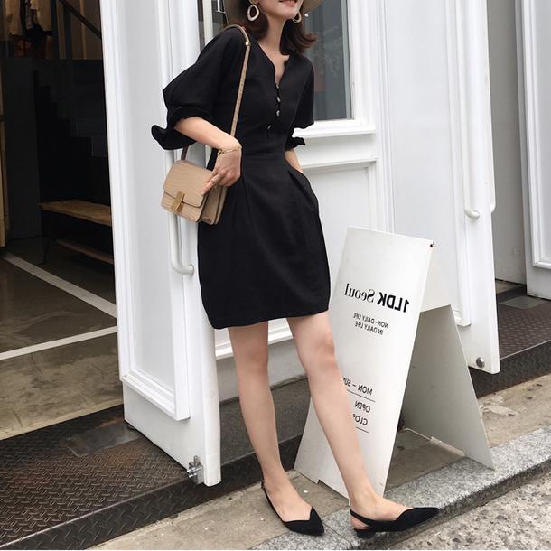 Vネックチューリップワンピース 6696-black_即納6696-画像1-韓国ファッション通販POPREA［ポップリア］