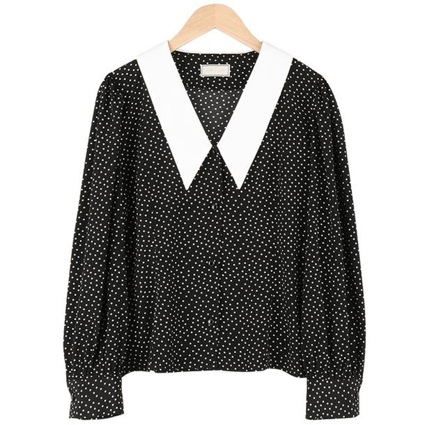 角襟ドットシフォンブラウス 6719-black_即納6719-画像11-韓国ファッション通販POPREA［ポップリア］