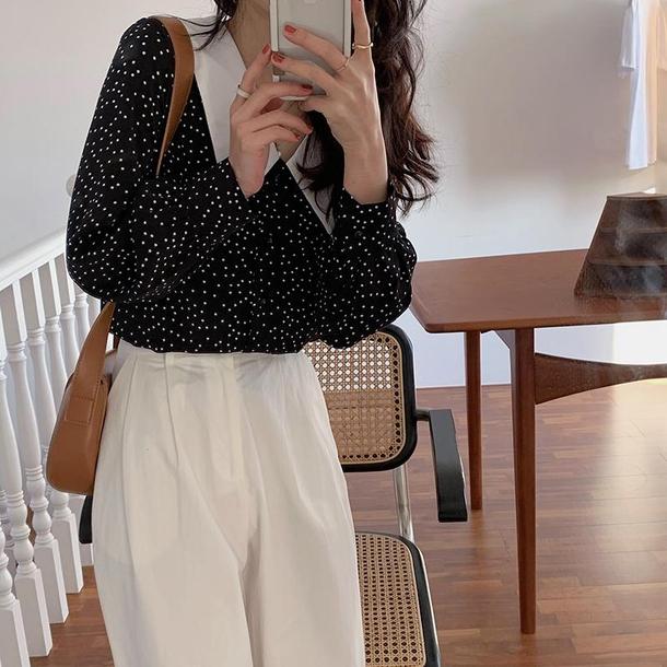 角襟ドットシフォンブラウス 6719-black_即納6719-画像2-韓国ファッション通販POPREA［ポップリア］