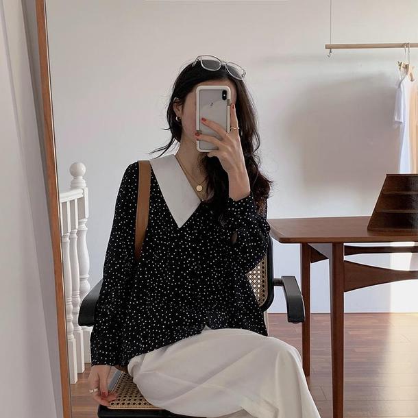 角襟ドットシフォンブラウス 6719-black_即納6719-画像3-韓国ファッション通販POPREA［ポップリア］