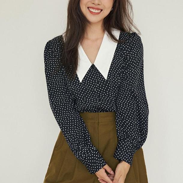 角襟ドットシフォンブラウス 6719-black_即納6719-画像4-韓国ファッション通販POPREA［ポップリア］