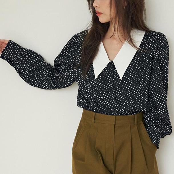 角襟ドットシフォンブラウス 6719-black_即納6719-画像5-韓国ファッション通販POPREA［ポップリア］
