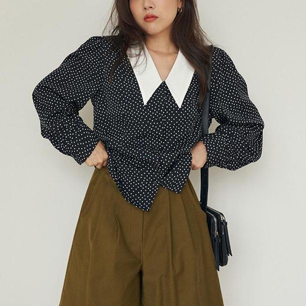 角襟ドットシフォンブラウス 6719-black_即納6719-画像7-韓国ファッション通販POPREA［ポップリア］