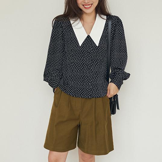 角襟ドットシフォンブラウス 6719-black_即納6719-画像9-韓国ファッション通販POPREA［ポップリア］