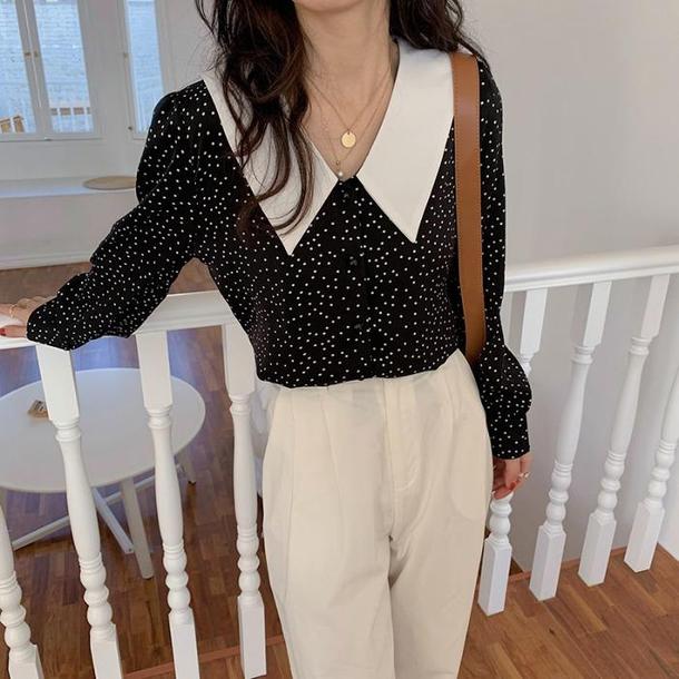 角襟ドットシフォンブラウス 6719-black_即納6719-画像1-韓国ファッション通販POPREA［ポップリア］