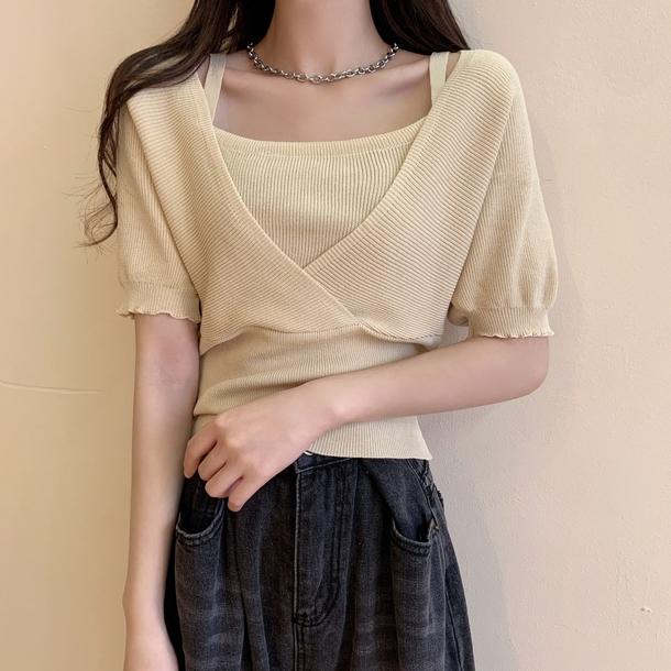 キャミソールカシュクールカットソー﻿ 6615-beige_即納6615-画像3-韓国ファッション通販POPREA［ポップリア］