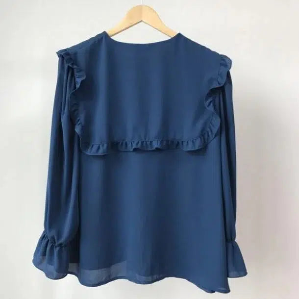 フリルカラーシフォンブラウス 6665-navy-blue_即納6665-画像10-韓国ファッション通販POPREA［ポップリア］