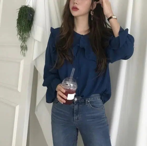 フリルカラーシフォンブラウス 6665-navy-blue_即納6665-画像2-韓国ファッション通販POPREA［ポップリア］