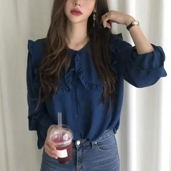 フリルカラーシフォンブラウス 6665-navy-blue_即納6665-画像3-韓国ファッション通販POPREA［ポップリア］