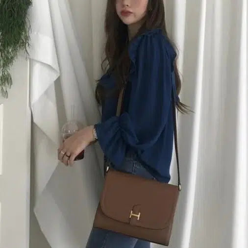 フリルカラーシフォンブラウス 6665-navy-blue_即納6665-画像4-韓国ファッション通販POPREA［ポップリア］