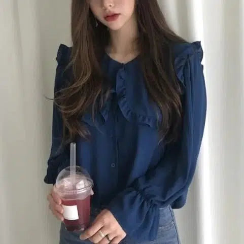 フリルカラーシフォンブラウス 6665-navy-blue_即納6665-画像5-韓国ファッション通販POPREA［ポップリア］