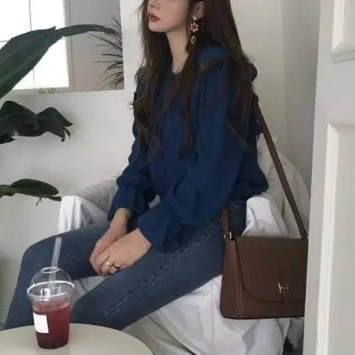 フリルカラーシフォンブラウス 6665-navy-blue_即納6665-画像7-韓国ファッション通販POPREA［ポップリア］