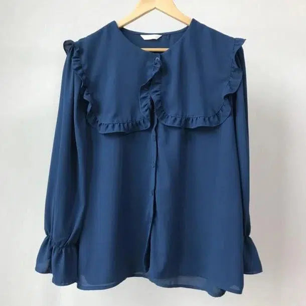 フリルカラーシフォンブラウス 6665-navy-blue_即納6665-画像9-韓国ファッション通販POPREA［ポップリア］