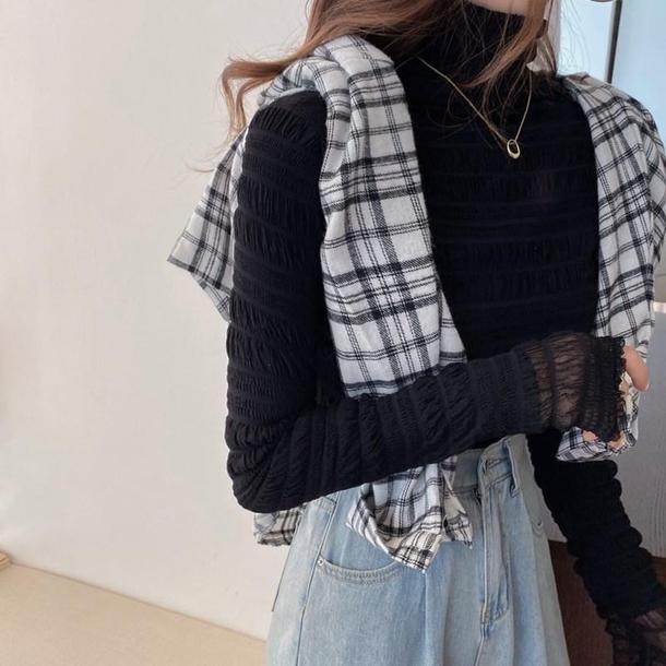 裏パイルシフォンレースタートルネック﻿﻿ 6577-black_即納65773-画像1-韓国ファッション通販POPREA［ポップリア］