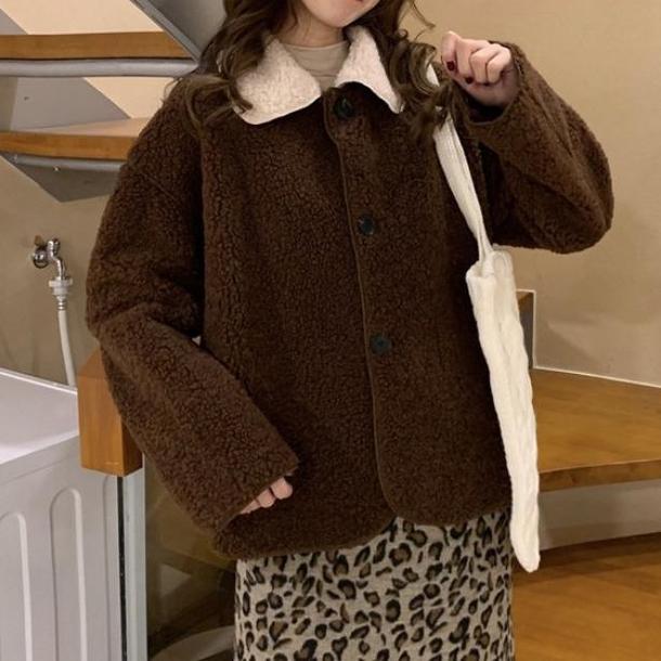 バイカラーボアジャケット 6498-brown_即納64984-画像3-韓国ファッション通販POPREA［ポップリア］