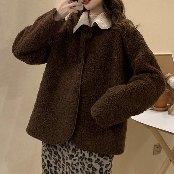 バイカラーボアジャケット 6498-brown_即納64984-画像4-韓国ファッション通販POPREA［ポップリア］