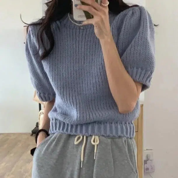 パフスリーブラウンドネックプルオーバー 6728-blue_即納6728-画像1-韓国ファッション通販POPREA［ポップリア］