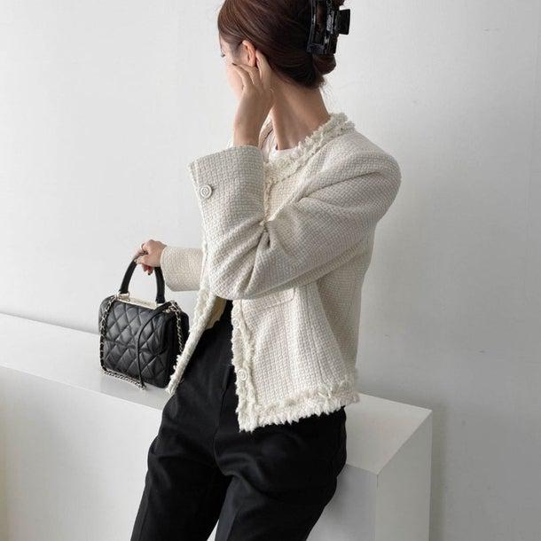 ノーカラーツイードジャケット 6496-ivory_即納6496-画像3-韓国ファッション通販POPREA［ポップリア］