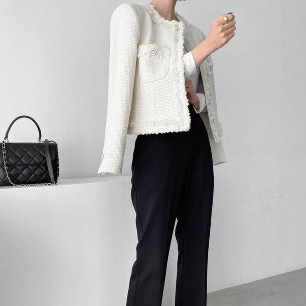 ノーカラーツイードジャケット 6496-ivory_即納6496-画像4-韓国ファッション通販POPREA［ポップリア］